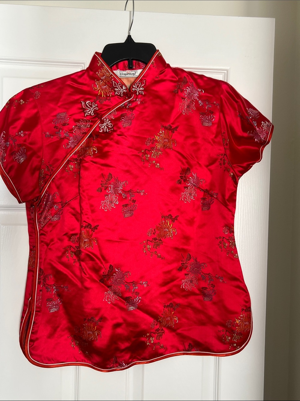 WONDERLAND Red Embroidered Satin Oriental Top